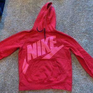 Red Nike Hoodie w pinkish lettering across front